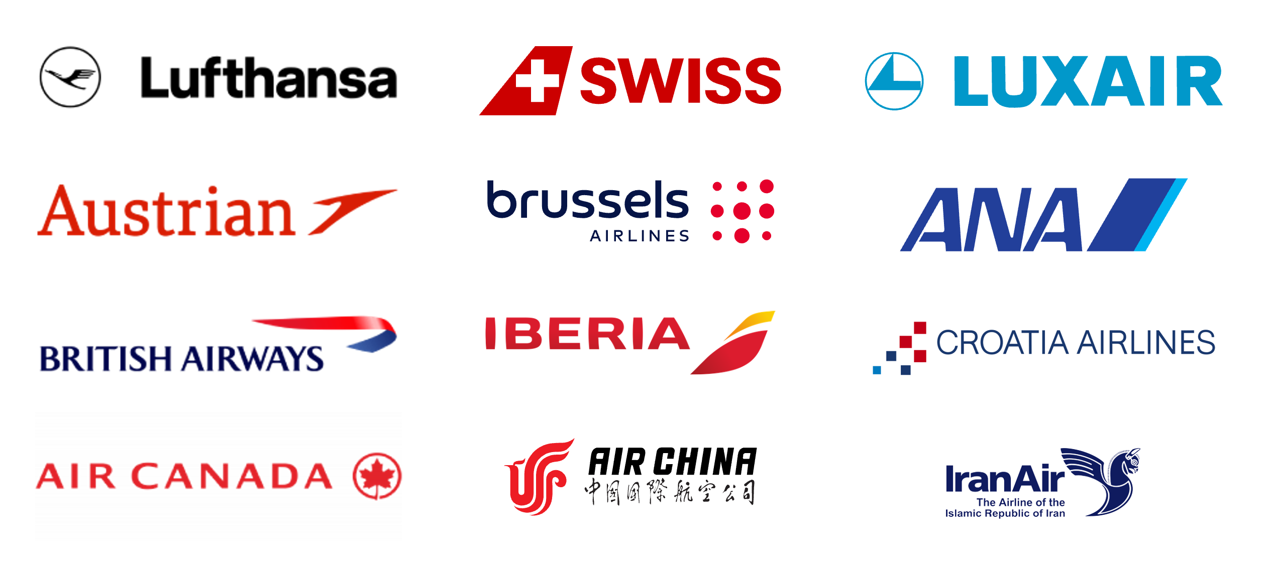 Lufhansa, Austrian Airlines, British Airways, Air Canada, Swiss Air, Brussels Ailines, IBERIA, Air China, LUXAIR, ANA, Croatia Airlines, Iran Air, Vienna Internatioanl Airport, Flughafen Wien, Airport Services VIE